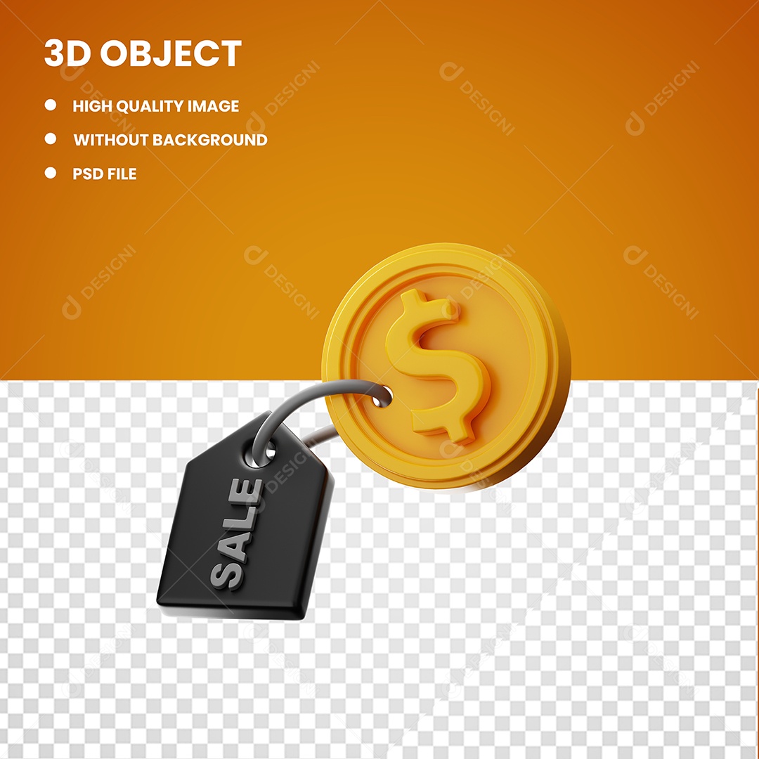 Elemento 3D Moeda com o Símbolo do Dólar e uma Etiqueta de Sale para Composição PSD Editável