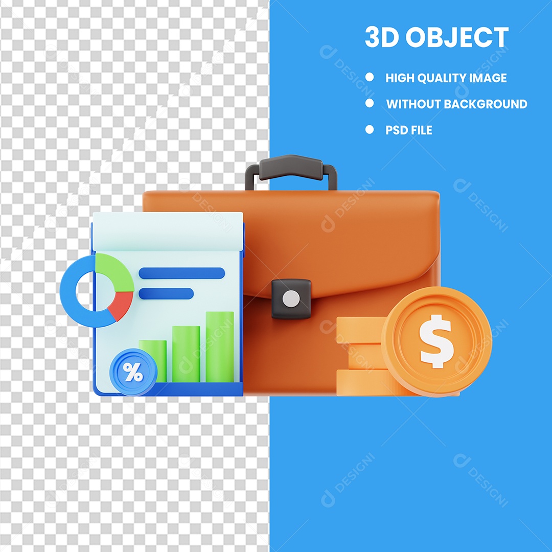 Elemento 3D Maleta de Escritório com Dólar e Gráfico Gestão de Escritório para Composição PSD Editável