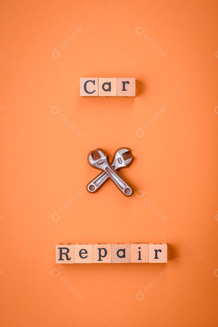 Ferramentas e inscrições simbolizando reparos ou garagem e seus atributos em fundo liso. Plano de fundo para o seu design