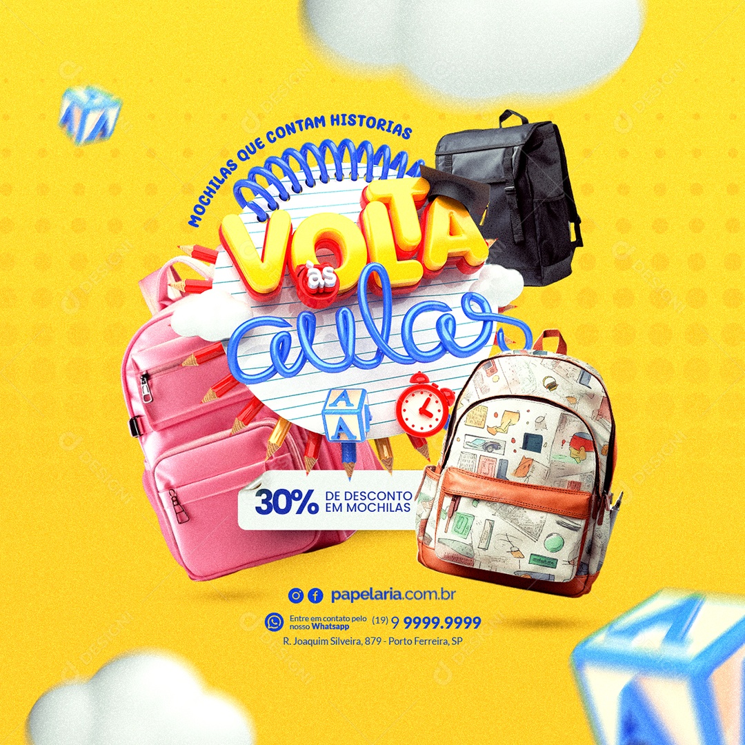 Volta às Aulas Papelaria Mochilas que Contam Histórias 30% de Desconto em Mochilas Social Media PSD Editável