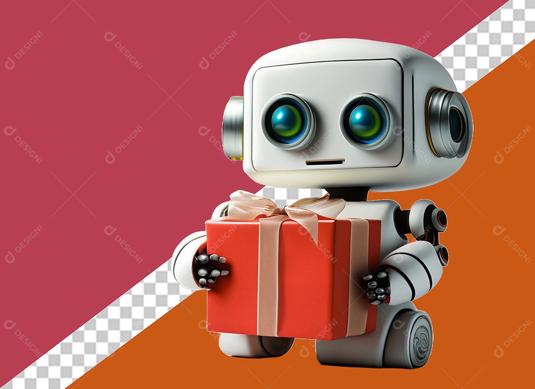 Robô Segurando uma Caixa de Presente Elemento 3D Vermelho Dourado para Composição PSD