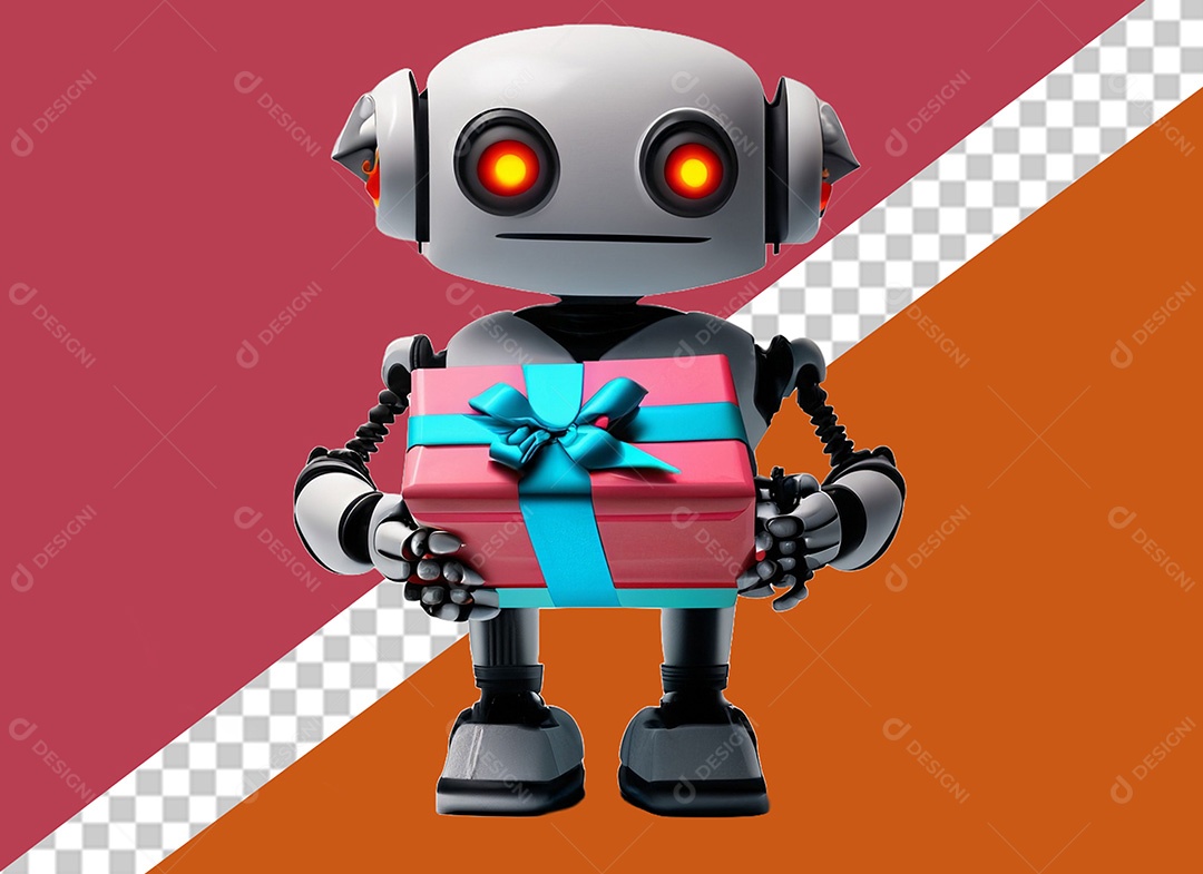 Robô Segurando uma Caixa de Presente Elemento 3D Rosa Azul para Composição PSD