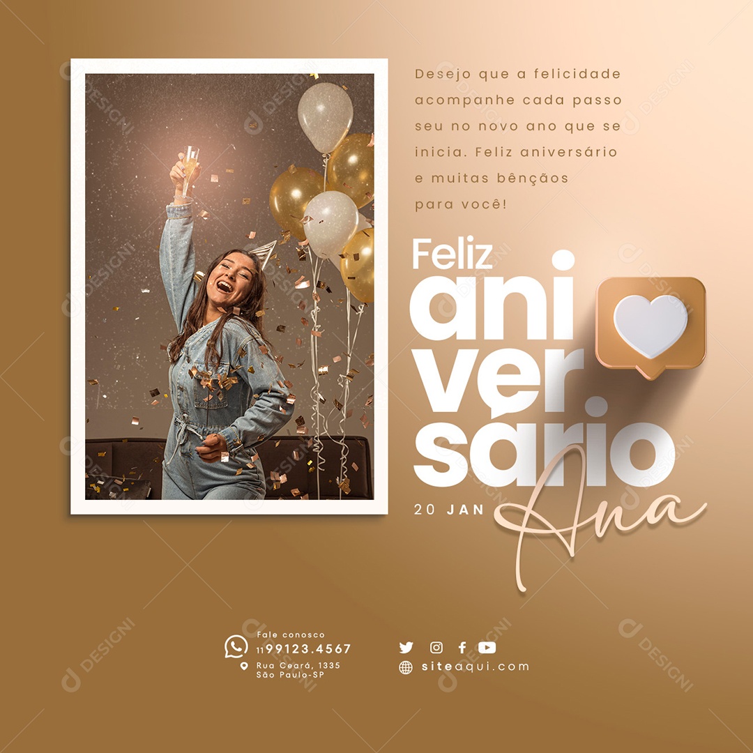 Feliz Aniversário Ana 20 de Janeiro Desejo que a felicidade acompanhe cada passo seu Social Media PSD Editável
