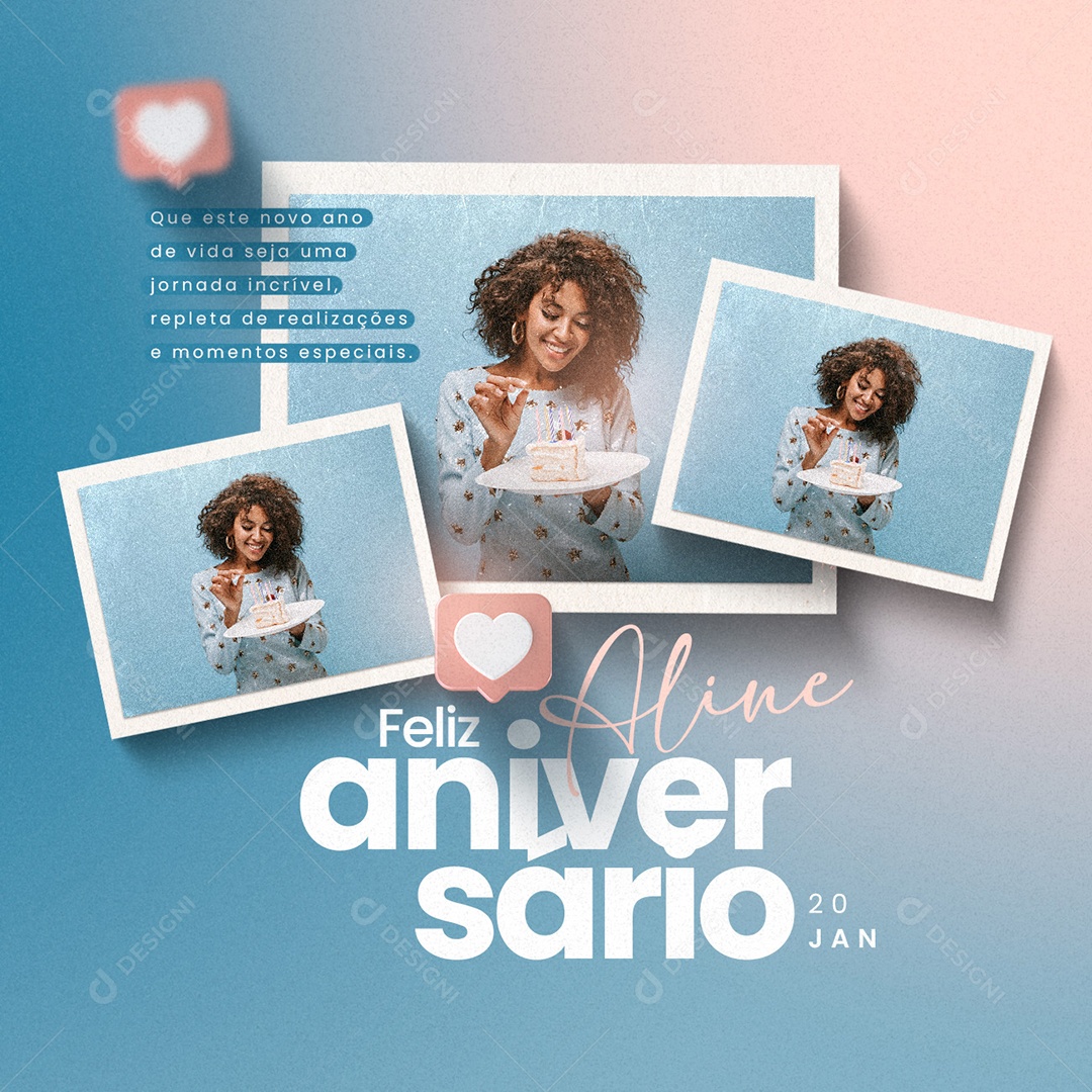 Feliz Aniversário Aline 20 de Janeiro Que este novo ano de vida seja uma jornada Social Media PSD Editável