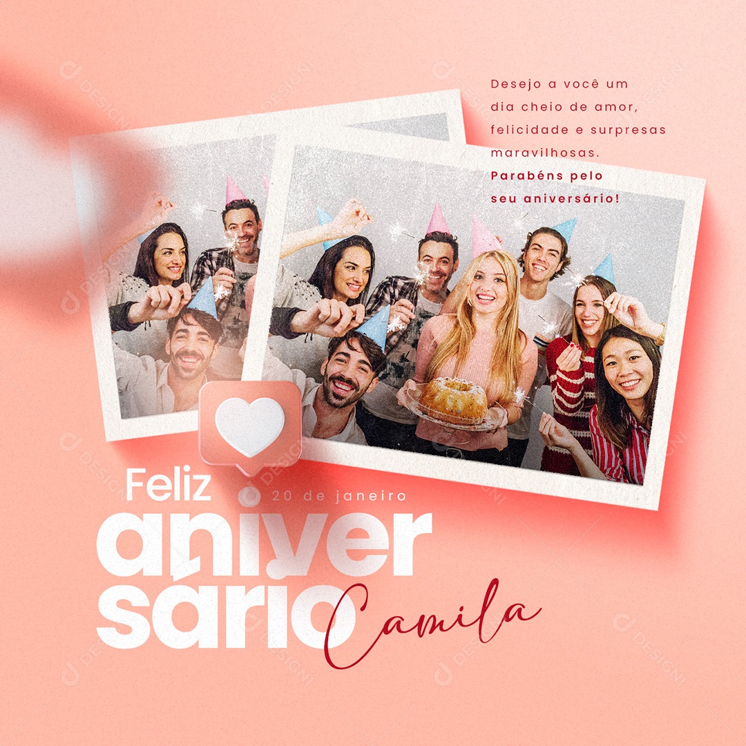 Feliz Aniversário Camila 20 de Janeiro Desejo a você um dia cheio de amor Social Media PSD Editável