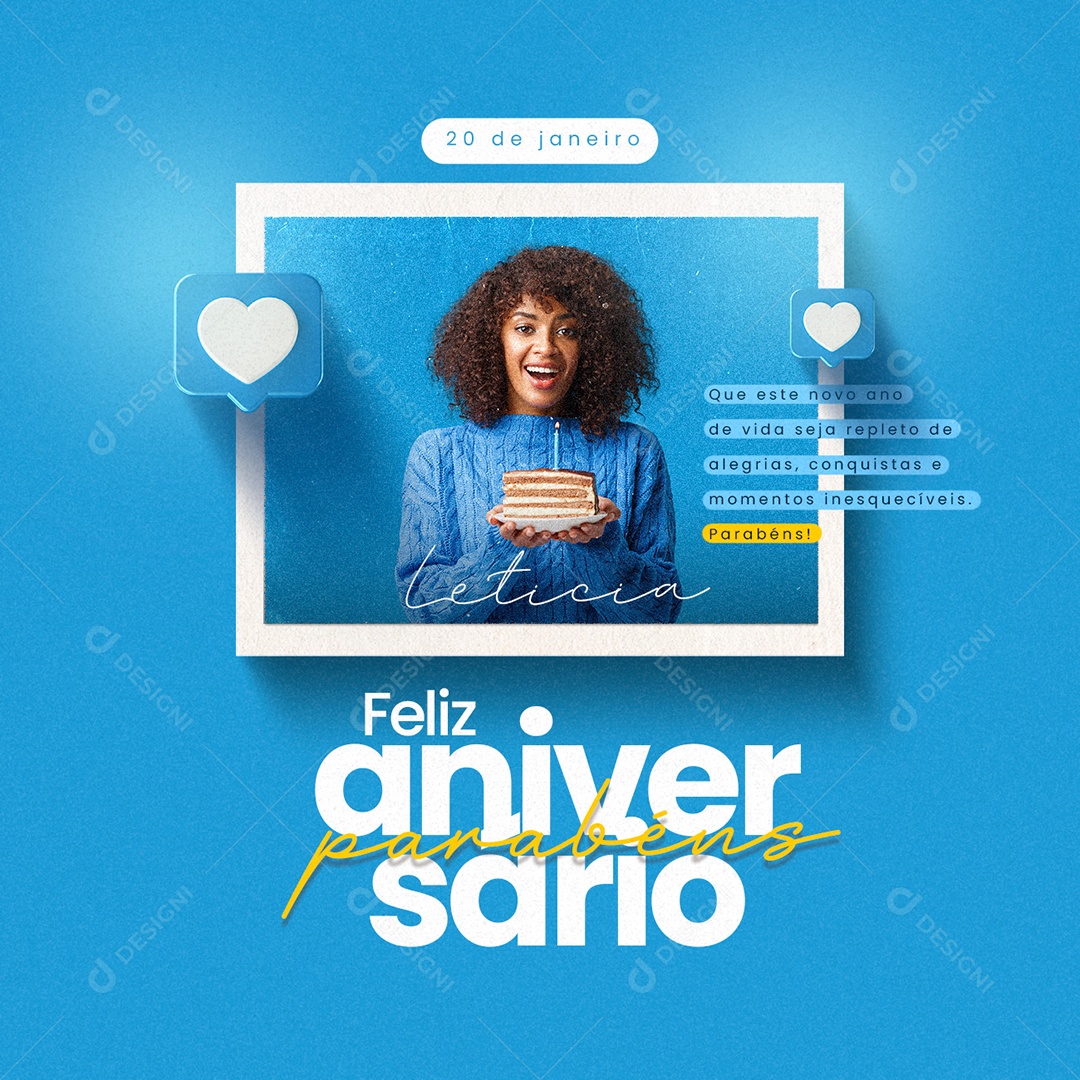 Feliz Aniversário Leticia Parabéns 20 de Janeiro novo ano de vida seja repleto de alegrias Social Media PSD Editável