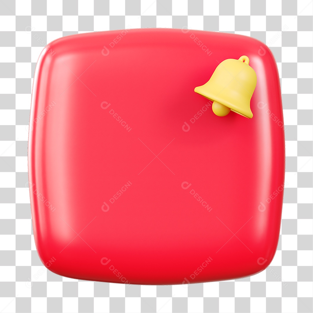 Botão com Sino de Notificações Vermelho e Amarelo Elemento 3D para Composição PNG Transparente
