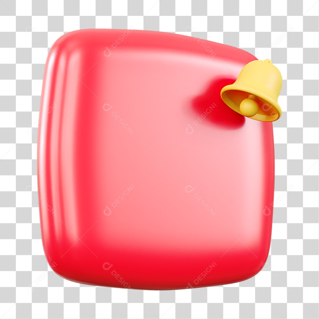 Botão com Sino de Notificações Vermelho e Amarelo Elemento 3D para Composição PNG Transparente