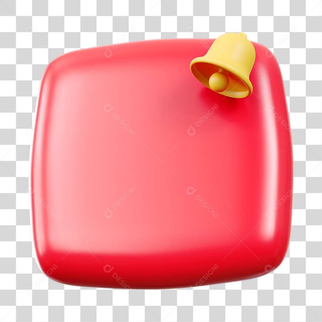 Botão com Sino de Notificações Vermelho e Amarelo Elemento 3D para Composição PNG Transparente