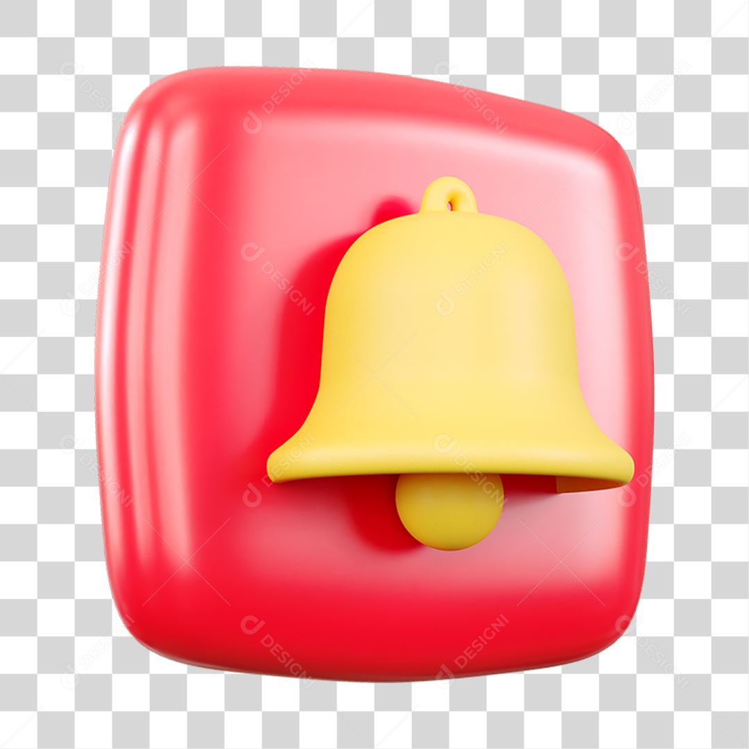 Botão de Sino Vermelho e Amarelo Elemento 3D para Composição PNG Transparente