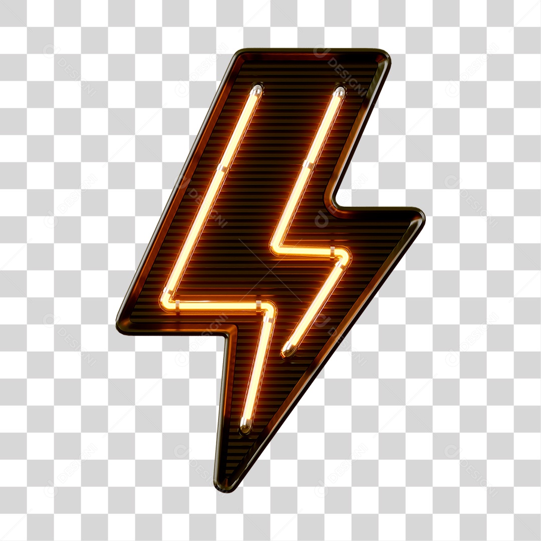 Raio Flash com Luz Neon Laranja Elemento 3D para Composição PNG Transparente