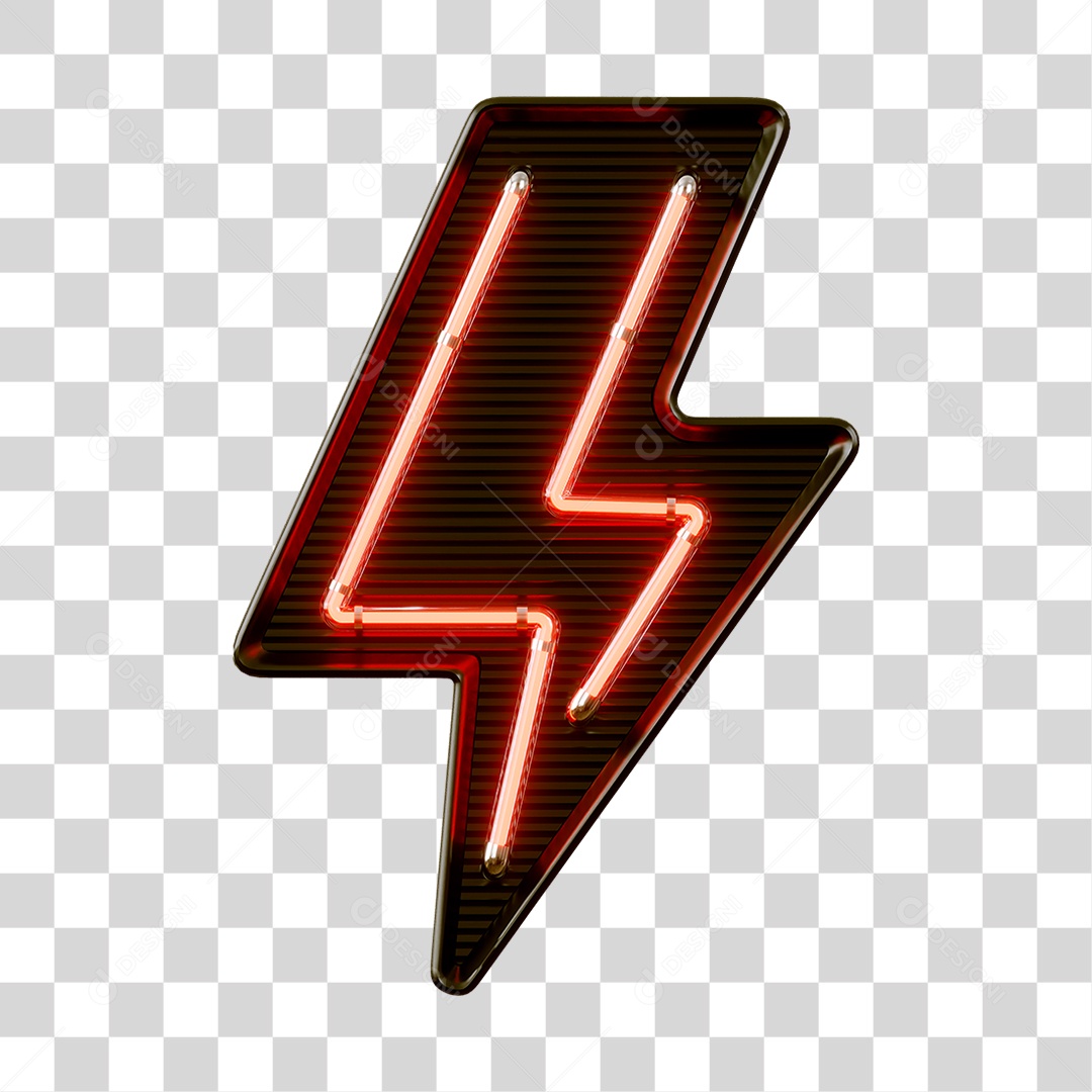 Raio Flash com Luz Neon Vermelha Elemento 3D para Composição PNG Transparente