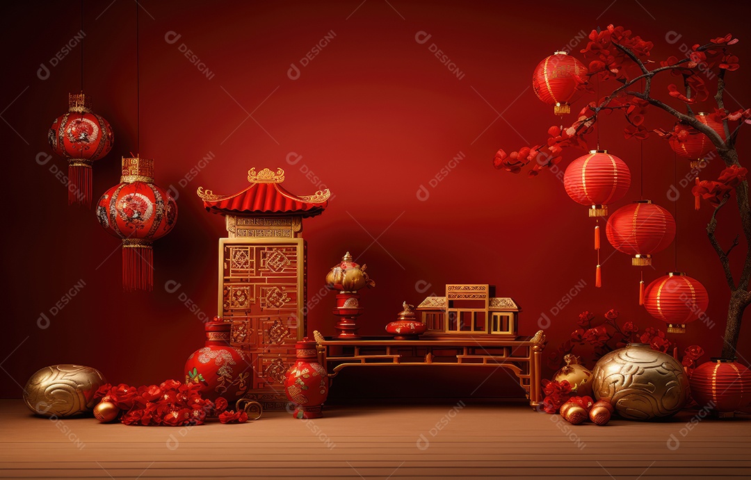 Cenário de estúdio fotográfico para celebração do Ano Novo Chinês com decorações tradicionais lanternas e símbolos