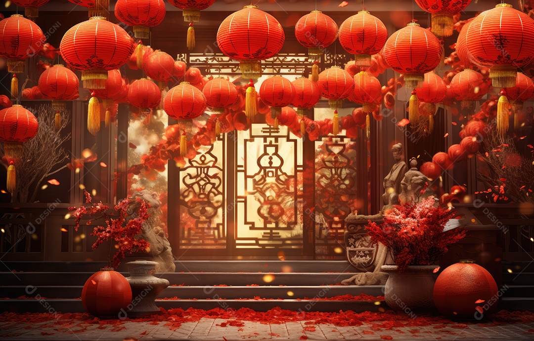 Cenário de estúdio fotográfico para celebração do Ano Novo Chinês com decorações tradicionais lanternas e símbolos