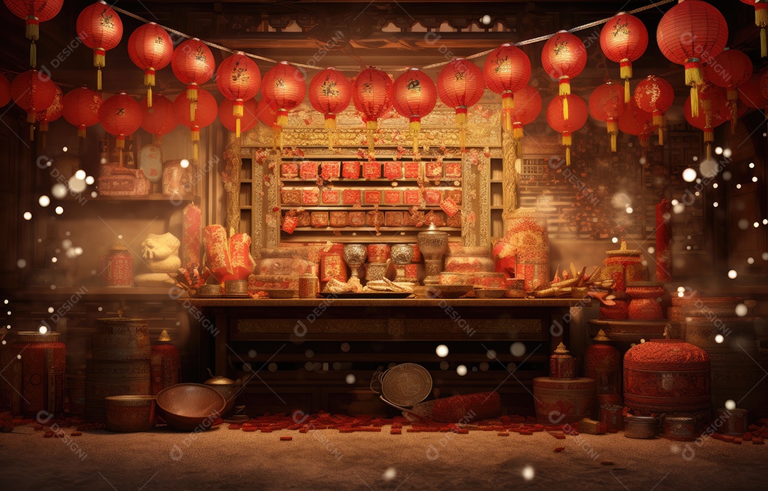 Cenário de estúdio fotográfico para celebração do Ano Novo Chinês com decorações tradicionais lanternas e símbolos