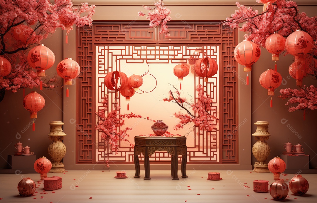 Cenário de estúdio fotográfico para celebração do Ano Novo Chinês com decorações tradicionais lanternas e símbolos