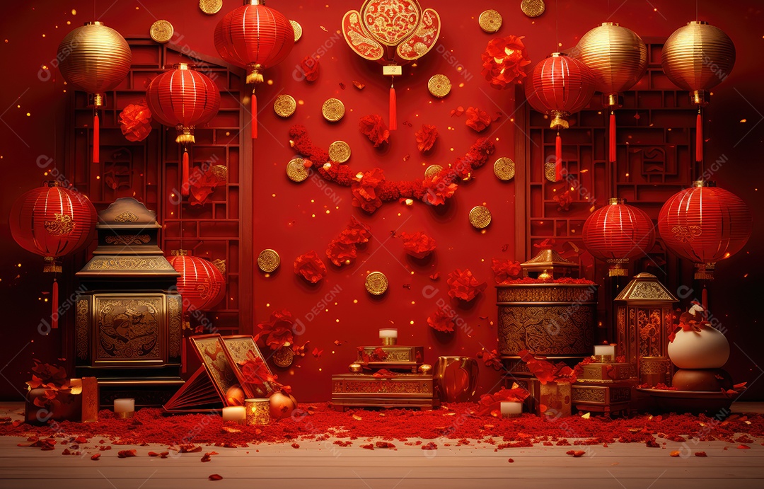 Cenário de estúdio fotográfico para celebração do Ano Novo Chinês com decorações tradicionais lanternas e símbolos