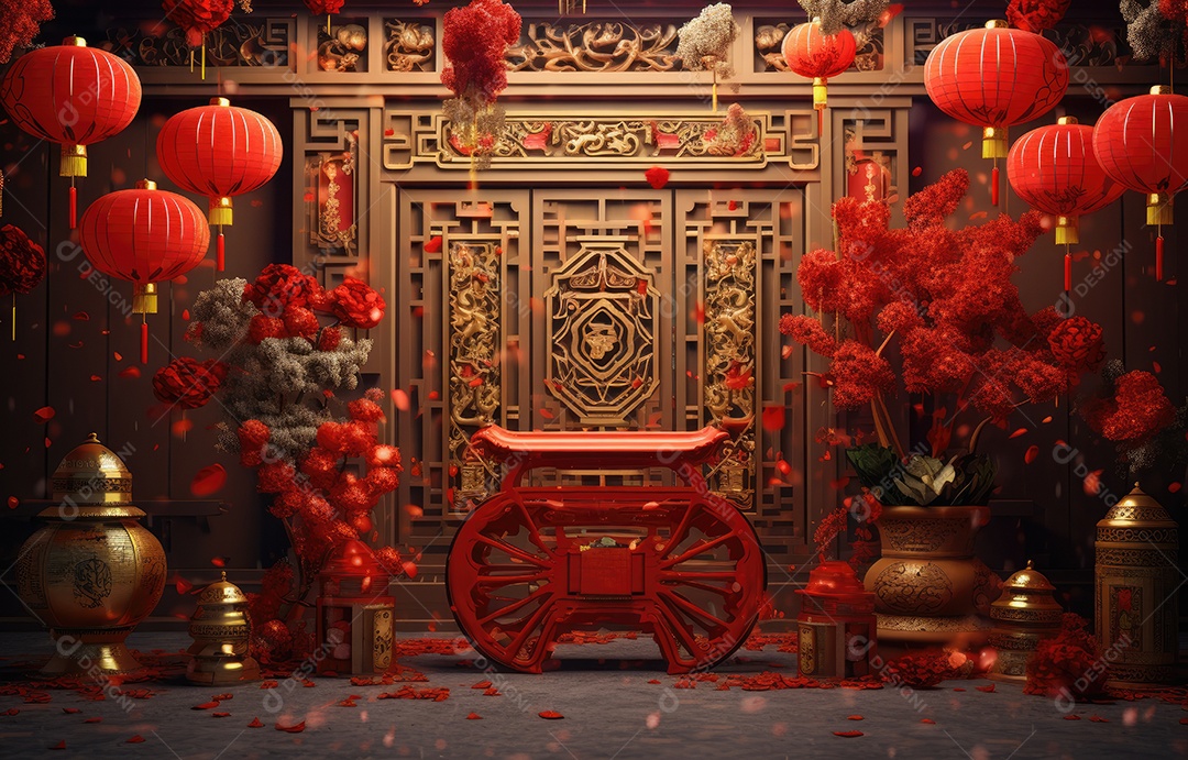 Cenário de estúdio fotográfico para celebração do Ano Novo Chinês com decorações tradicionais lanternas e símbolos