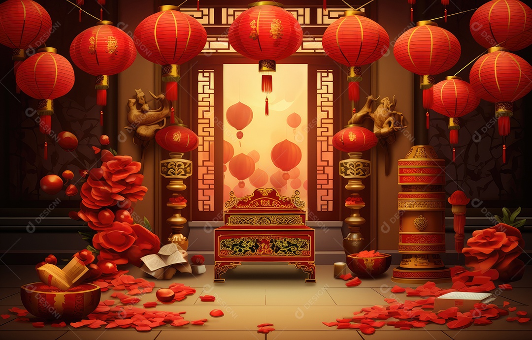 Cenário de estúdio fotográfico para celebração do Ano Novo Chinês com decorações tradicionais lanternas e símbolos