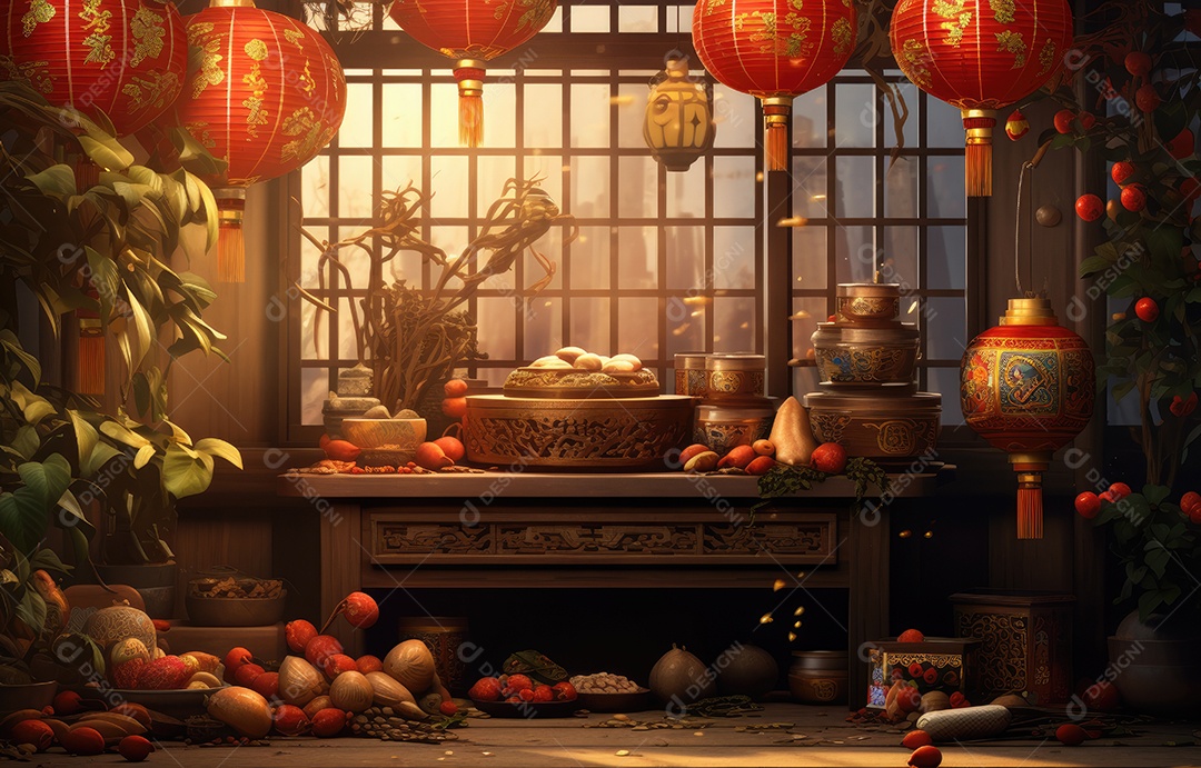 Cenário de estúdio fotográfico para celebração do Ano Novo Chinês com decorações tradicionais lanternas e símbolos