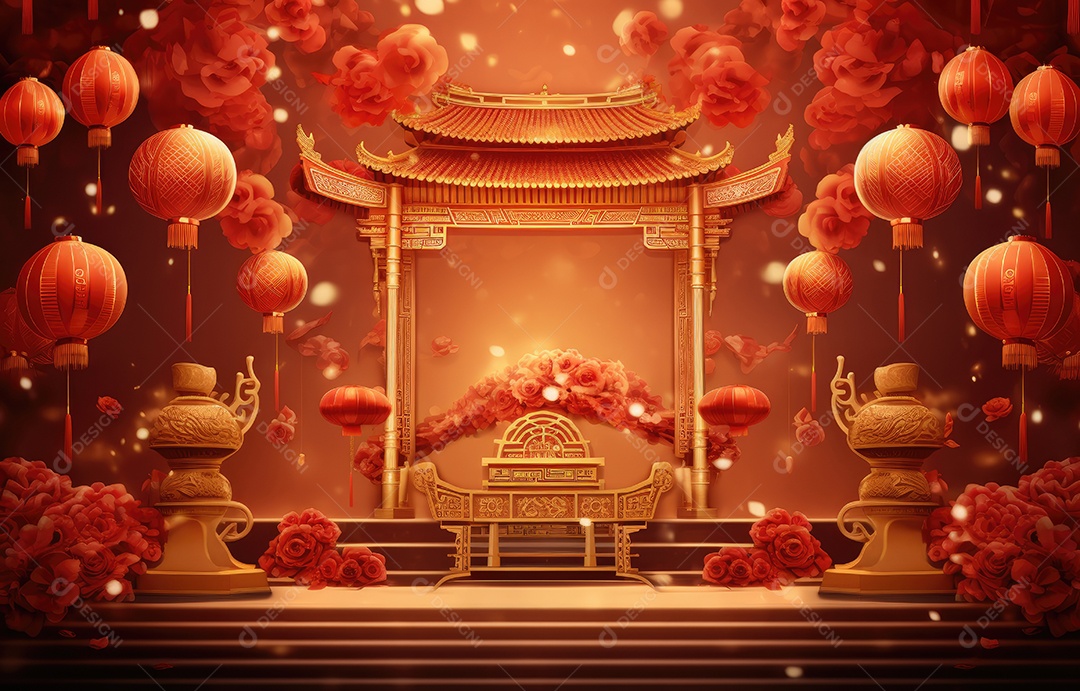 Cenário de estúdio fotográfico para celebração do Ano Novo Chinês com decorações tradicionais lanternas e símbolos