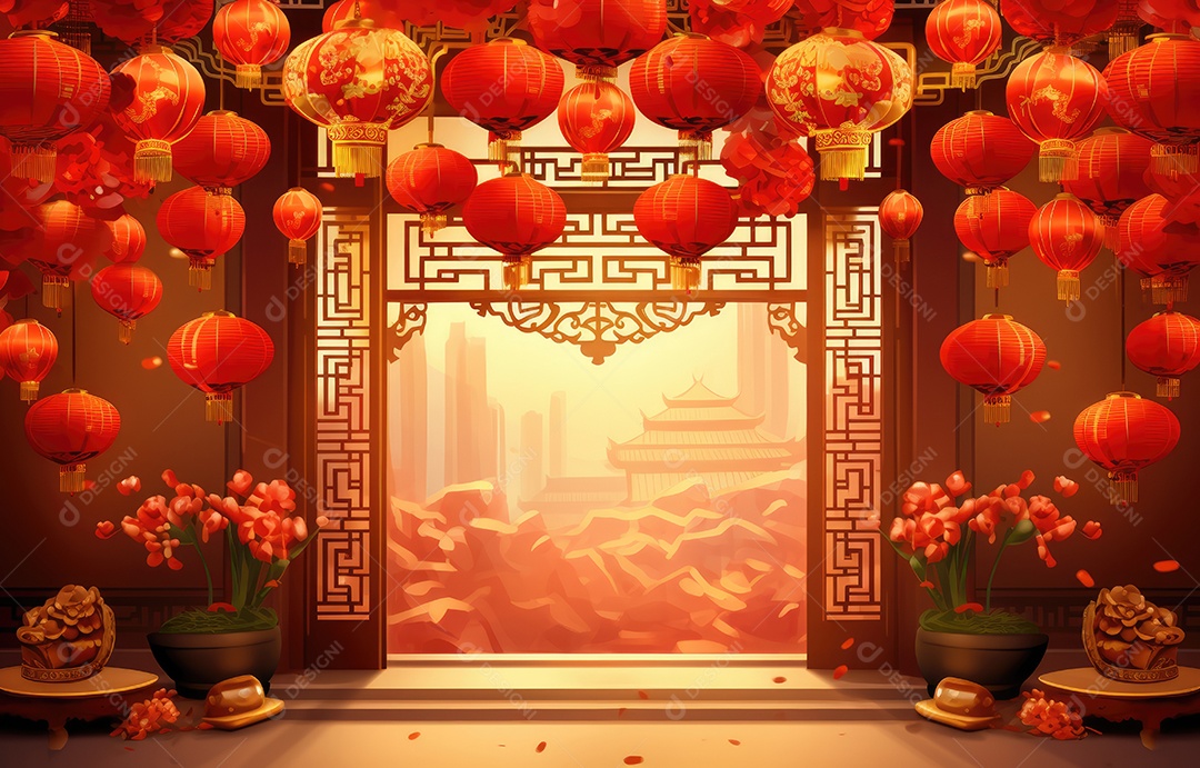 Cenário de estúdio fotográfico para celebração do Ano Novo Chinês com decorações tradicionais lanternas e símbolos