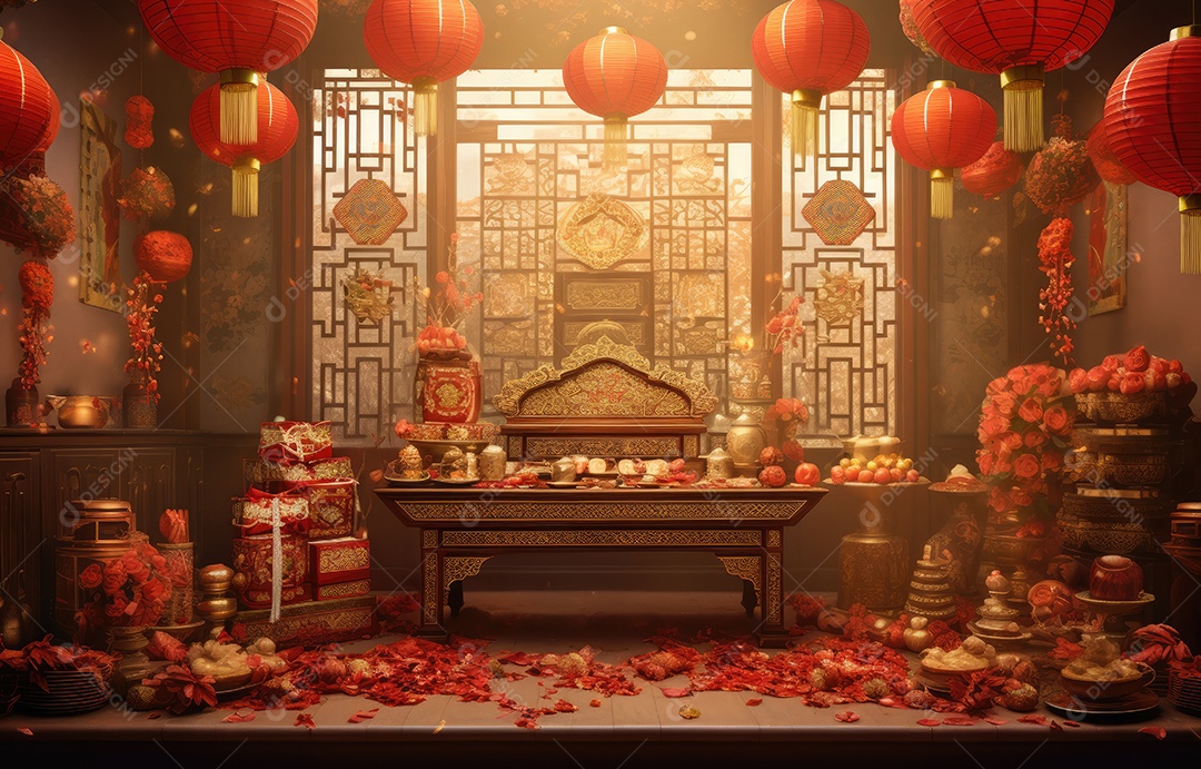 Cenário de estúdio fotográfico para celebração do Ano Novo Chinês com decorações tradicionais lanternas e símbolos