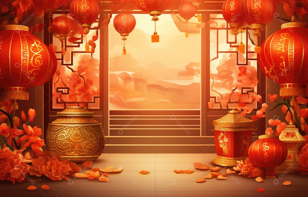 Cenário de estúdio fotográfico para celebração do Ano Novo Chinês com decorações tradicionais lanternas e símbolos