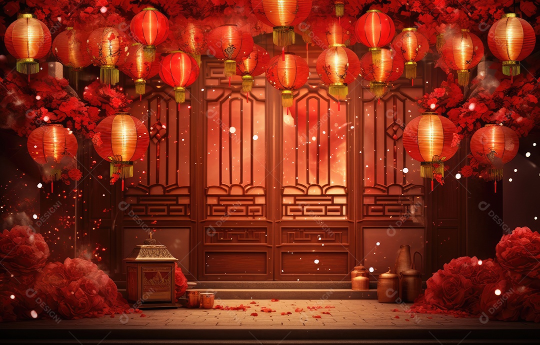 Cenário de estúdio fotográfico para celebração do Ano Novo Chinês com decorações tradicionais lanternas e símbolos