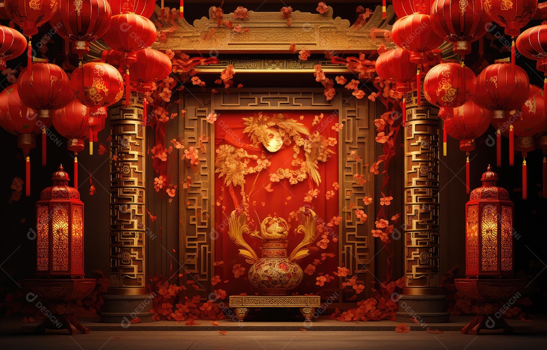 Cenário de estúdio fotográfico para celebração do Ano Novo Chinês com decorações tradicionais lanternas e símbolos