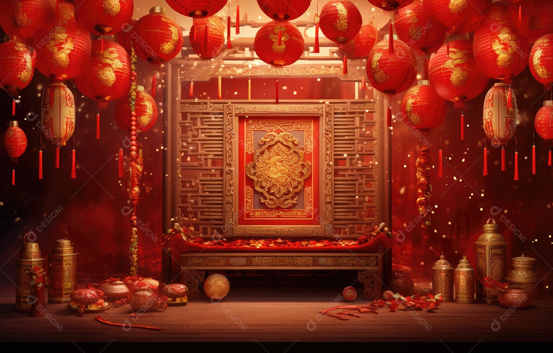 Cenário de estúdio fotográfico para celebração do Ano Novo Chinês com decorações tradicionais lanternas e símbolos