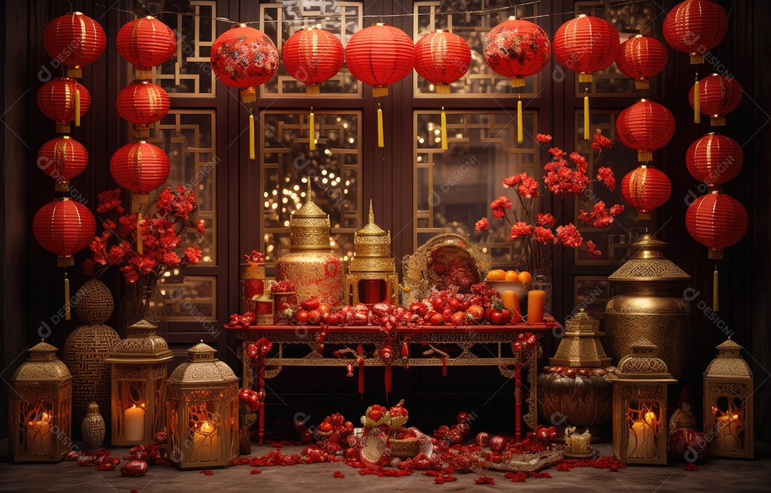 Cenário de estúdio fotográfico para celebração do Ano Novo Chinês com decorações tradicionais lanternas e símbolos