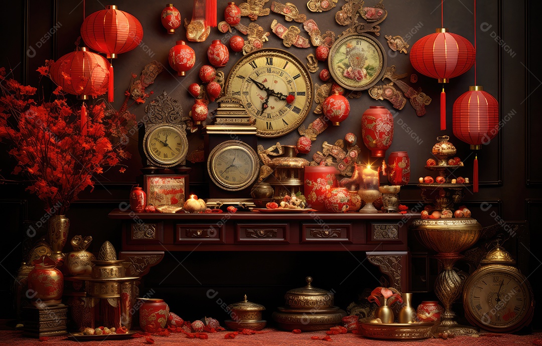 Cenário de estúdio fotográfico para celebração do Ano Novo Chinês com decorações tradicionais lanternas e símbolos