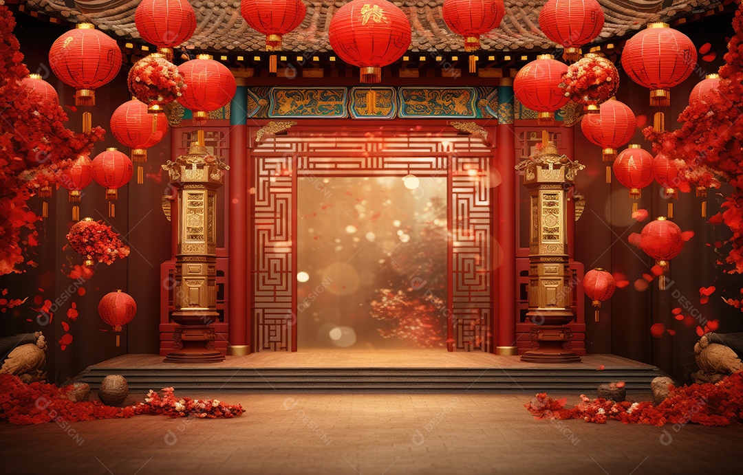 Cenário de estúdio fotográfico para celebração do Ano Novo Chinês com decorações tradicionais lanternas e símbolos