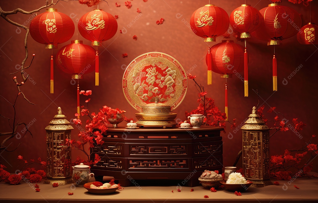 Cenário de estúdio fotográfico para celebração do Ano Novo Chinês com decorações tradicionais lanternas e símbolos