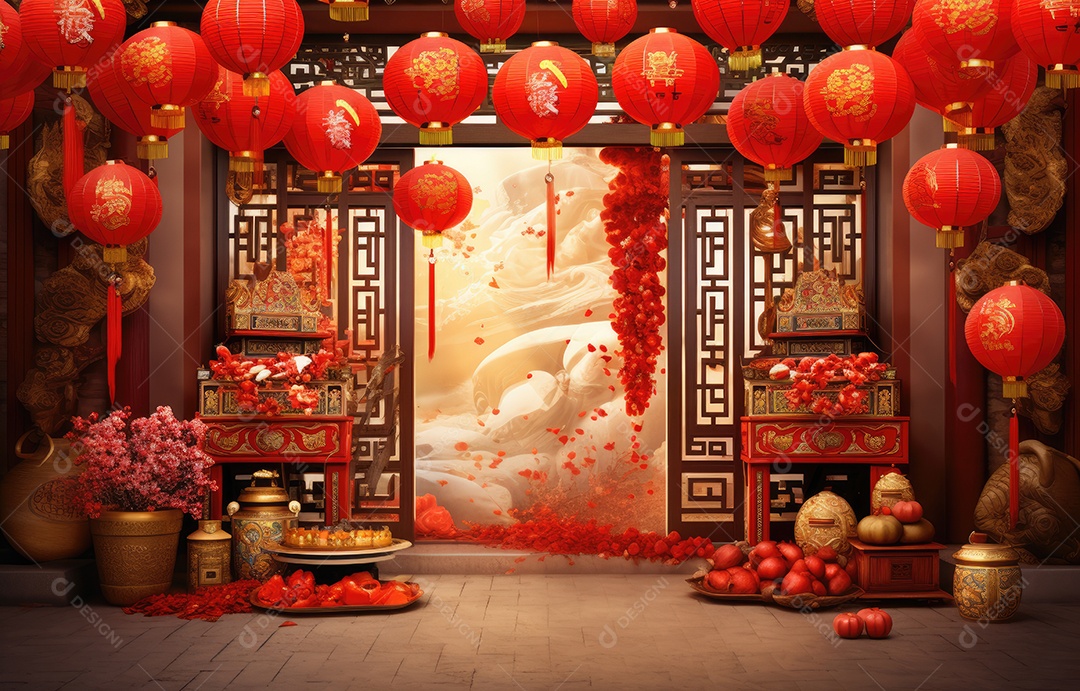 Cenário de estúdio fotográfico para celebração do Ano Novo Chinês com decorações tradicionais lanternas e símbolos