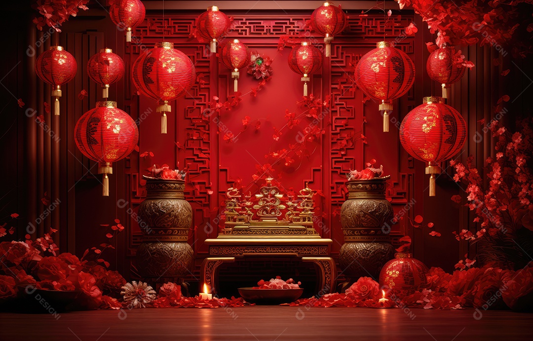 Cenário de estúdio fotográfico para celebração do Ano Novo Chinês com decorações tradicionais lanternas e símbolos