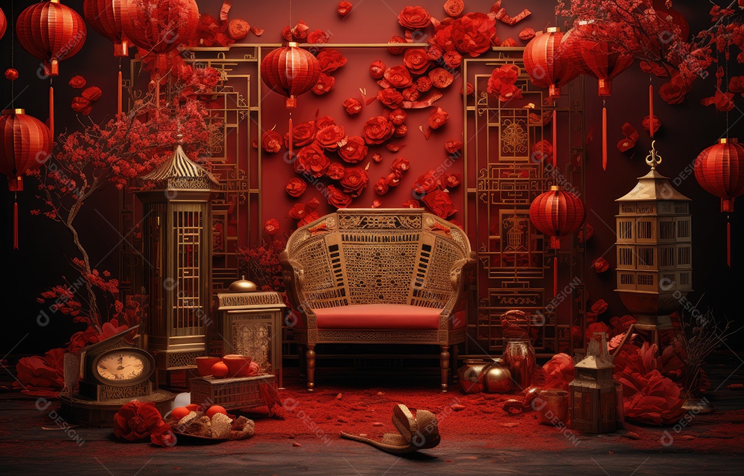 Cenário de estúdio fotográfico para celebração do Ano Novo Chinês com decorações tradicionais lanternas e símbolos