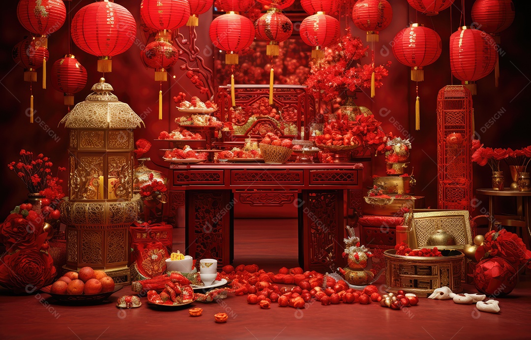 Cenário de estúdio fotográfico para celebração do Ano Novo Chinês com decorações tradicionais lanternas e símbolos