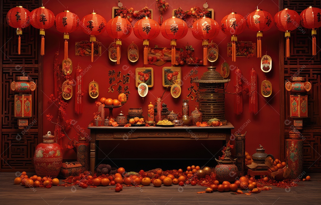 Cenário de estúdio fotográfico para celebração do Ano Novo Chinês com decorações tradicionais lanternas e símbolos