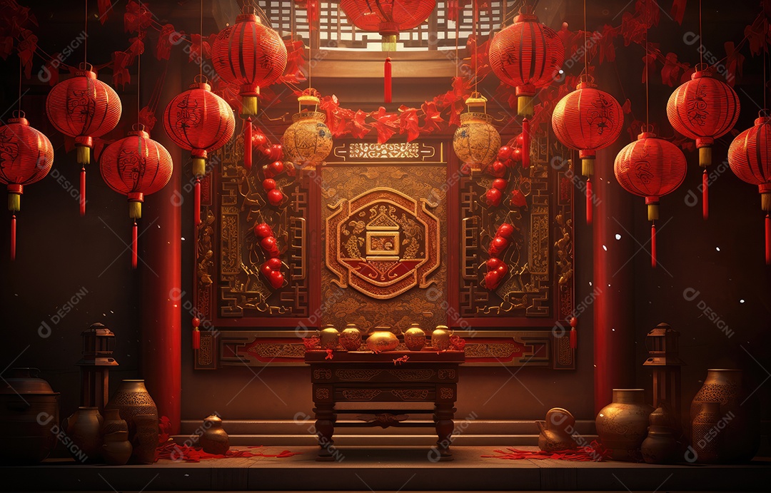 Cenário de estúdio fotográfico para celebração do Ano Novo Chinês com decorações tradicionais lanternas e símbolos