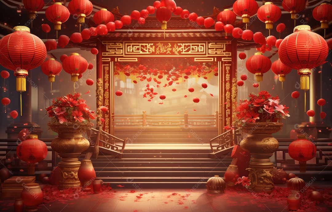 Cenário de estúdio fotográfico para celebração do Ano Novo Chinês com decorações tradicionais lanternas e símbolos