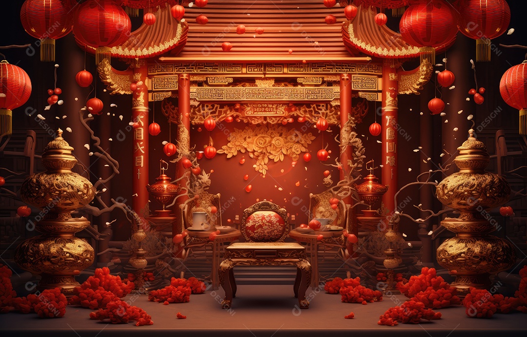 Cenário de estúdio fotográfico para celebração do Ano Novo Chinês com decorações tradicionais lanternas e símbolos