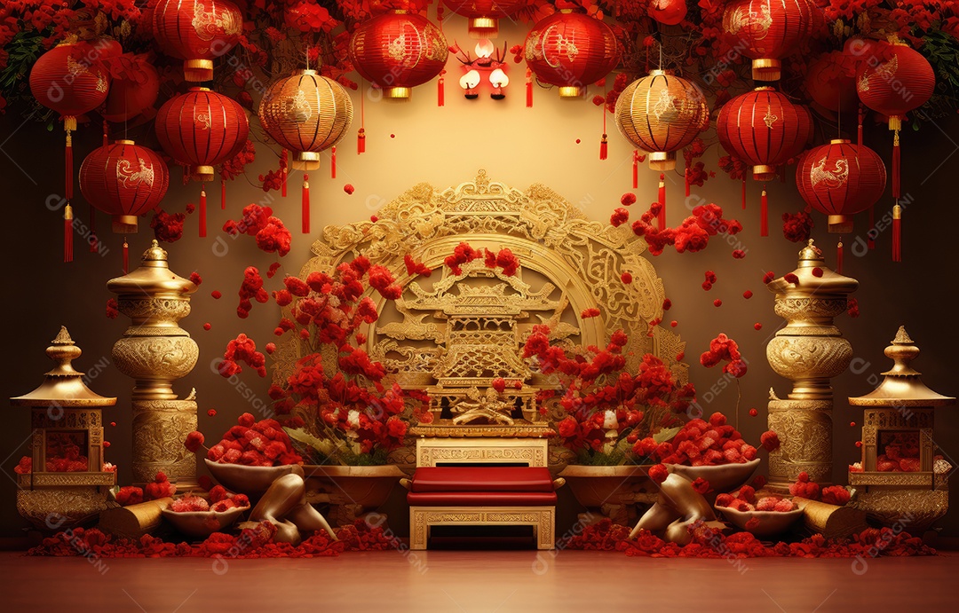 Cenário de estúdio fotográfico para celebração do Ano Novo Chinês com decorações tradicionais lanternas e símbolos