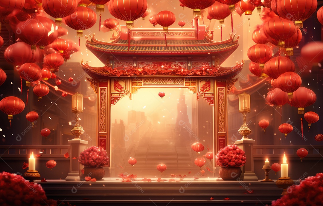 Cenário de estúdio fotográfico para celebração do Ano Novo Chinês com decorações tradicionais lanternas e símbolos