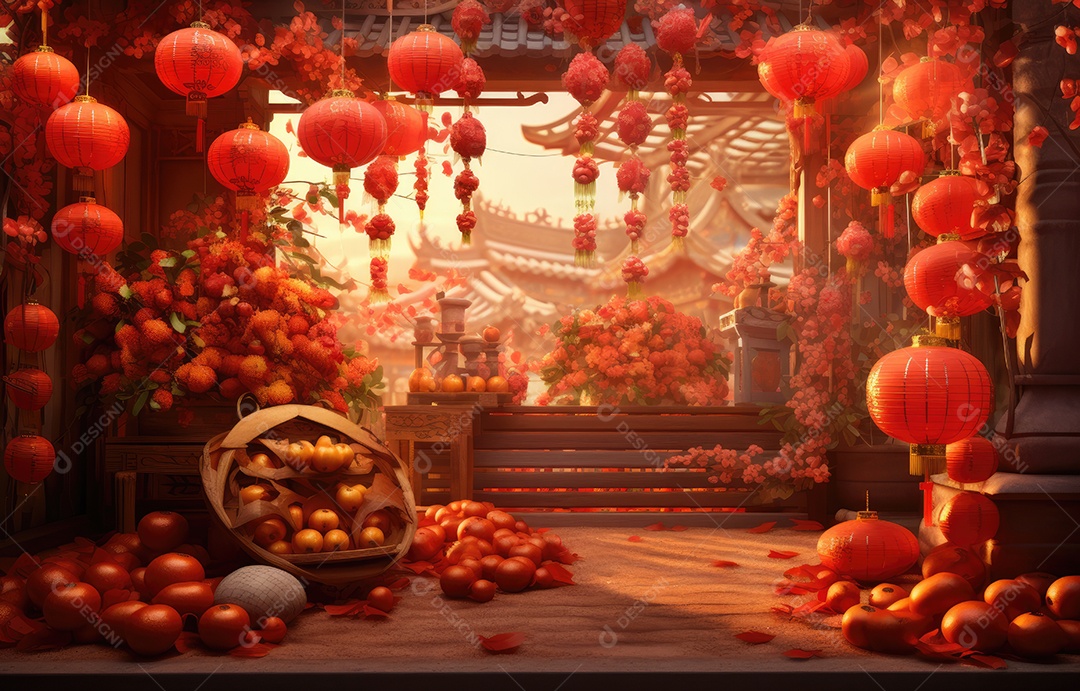 Cenário de estúdio fotográfico para celebração do Ano Novo Chinês com decorações tradicionais lanternas e símbolos