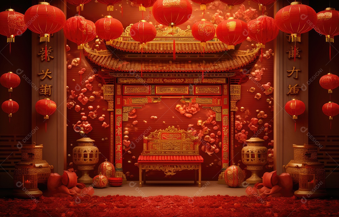 Cenário de estúdio fotográfico para celebração do Ano Novo Chinês com decorações tradicionais lanternas e símbolos