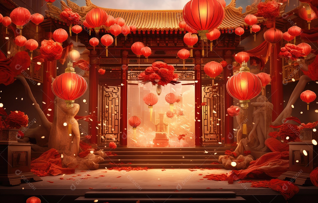 Cenário de estúdio fotográfico para celebração do Ano Novo Chinês com decorações tradicionais lanternas e símbolos