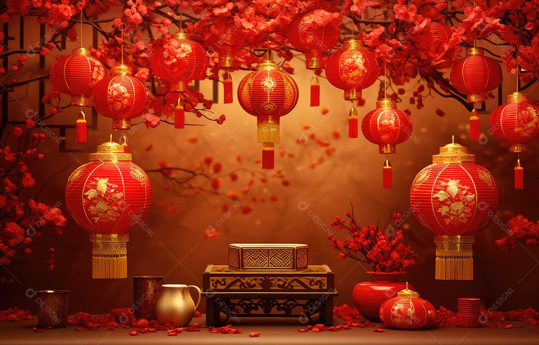 Cenário de estúdio fotográfico para celebração do Ano Novo Chinês com decorações tradicionais lanternas e símbolos