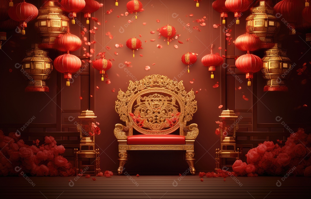 Cenário de estúdio fotográfico para celebração do Ano Novo Chinês com decorações tradicionais lanternas e símbolos